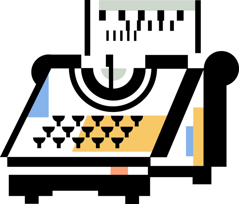 Vector Illustration of Typewriter Mechanical Machine for Writing Characters as in Movable Type Letterpress Printing