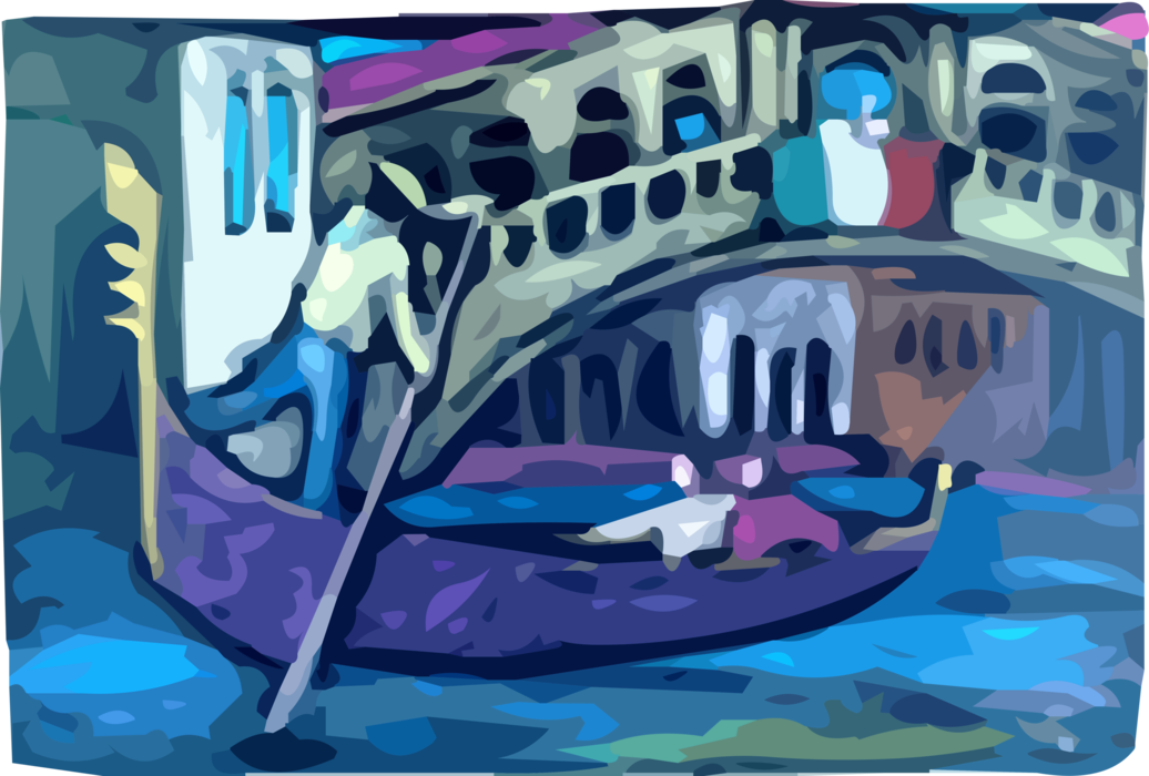 Vector Illustration of Rialto Bridge Venice with Venetian Gondola Steered by Gondolier in Canals, Italy