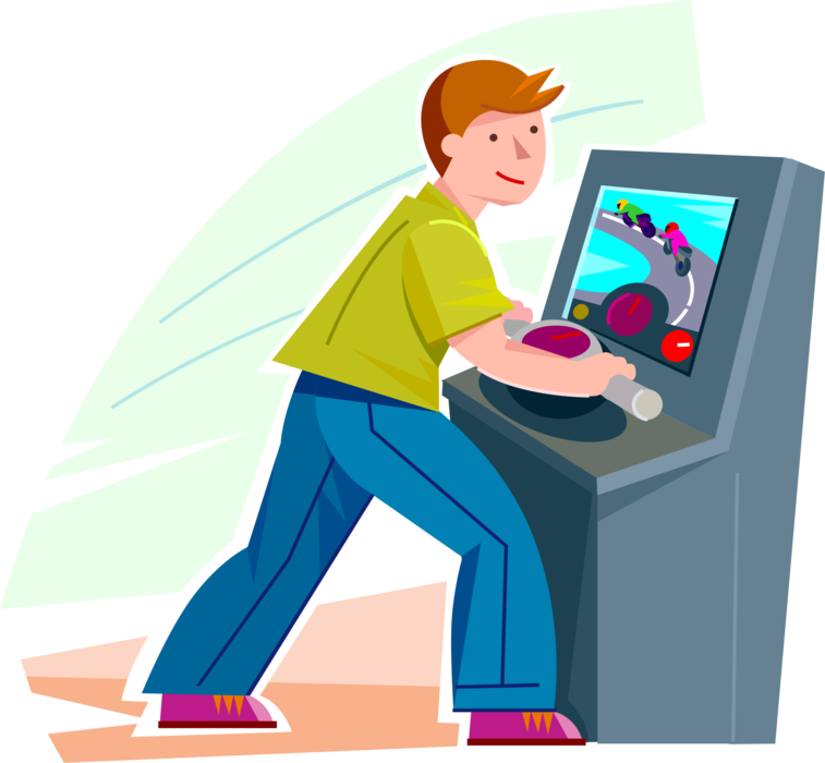 Vector Illustration of Young Boy Plays Video Motorcycle Racing Game at Amusement Arcade
