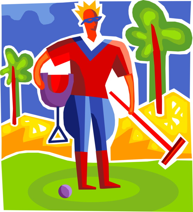 Vector Illustration of Equestrian Horse Polo Player with Mallet, Saddle and Ball