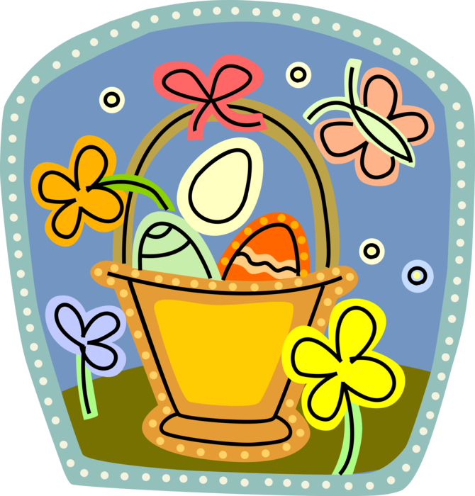 Vector Illustration of Easter Basket with Colored Pascha Eggs, Spring Flowers and Butterfly