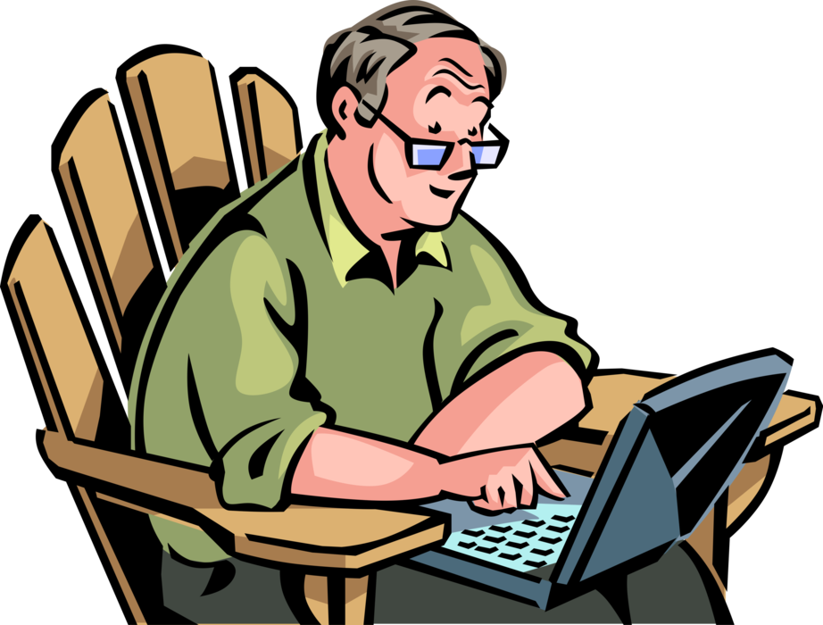 Vector Illustration of Retired Businessman Surfs Internet in Backyard Deck Chair with Notebook Computer