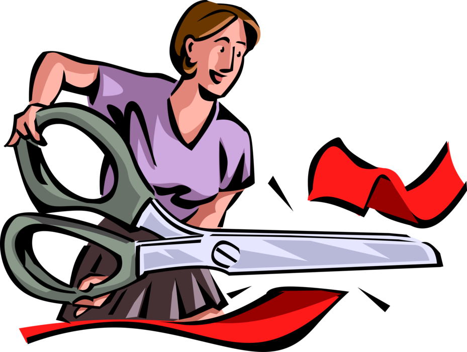 Vector Illustration of Businesswoman Cuts Through Red Tape Excessive Bureaucratic Regulation with Scissors