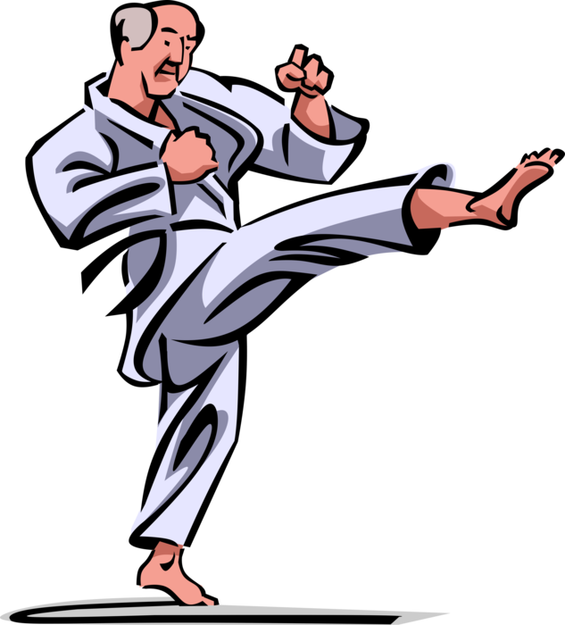 Vector Illustration of Retired Elderly Senior Citizen Self-Defense Martial Artist Executes Taekwondo Karate Side Kick