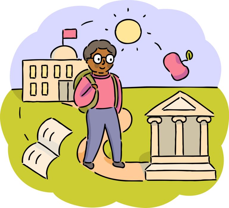 Vector Illustration of Academic Student Scholar Understands Knowledge has Financial Value with Apple and Bank Symbol