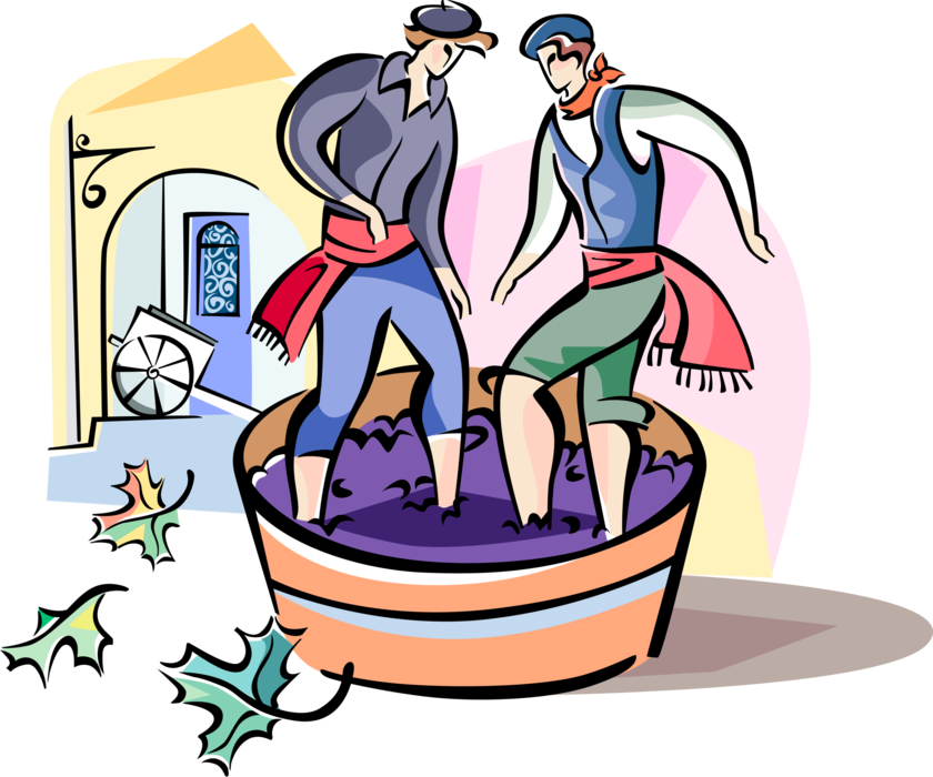 Vector Illustration of Spanish Grape Crushing Stompers Make Wine