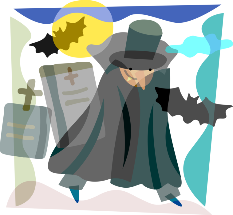 Vector Illustration of Halloween Dracula Vampire with Bats in Graveyard with Tombstone Graves