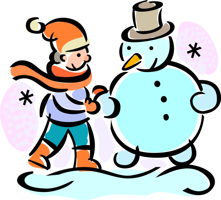 Vector Illustration of Child Builds Snowman Anthropomorphic Snow Sculpture with Carrot Nose