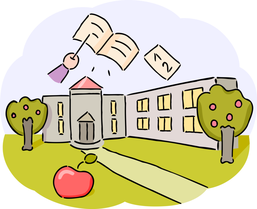 Vector Illustration of Higher Education School Institution Building with Textbook Schoolbooks and Apple