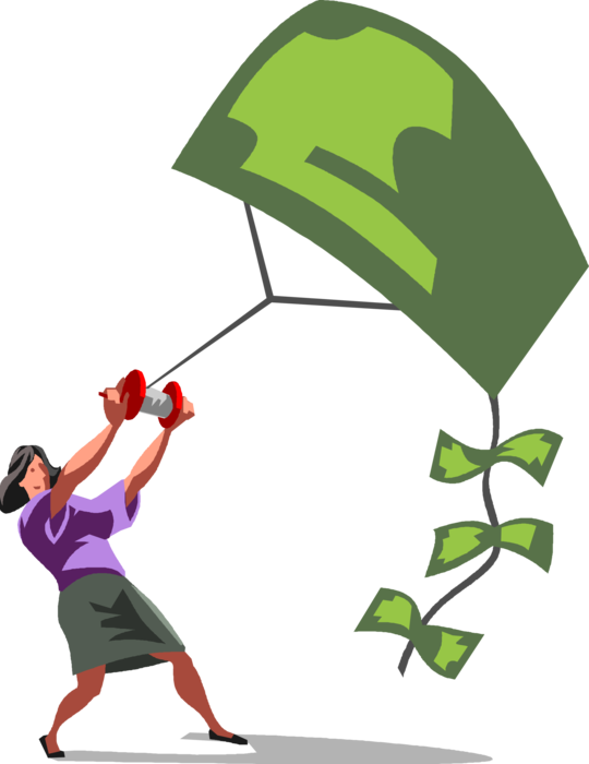 Vector Illustration of Businesswoman Flies Financial Cash Money Kite Made of Dollars