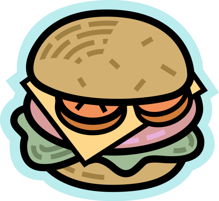Vector Illustration of Fast Food Hamburger Meal with Burger, Cheese, Tomatoes, Lettuce in Bun