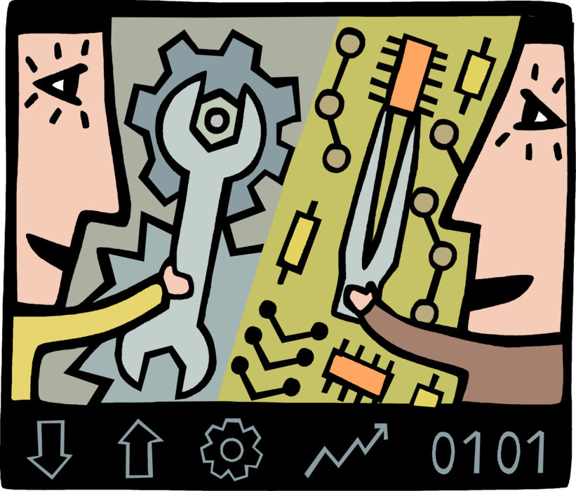 Vector Illustration of Industrial Engineers Fine-Tune Corporate Manufacturing and Technology Capabilities