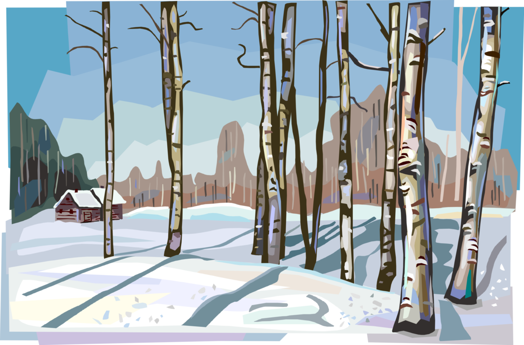 Vector Illustration of Russian Winter Nature Scene with Birch Tree Forest and Cabin