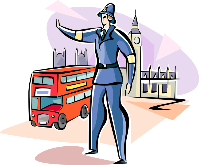 Vector Illustration of British Traffic Cop Police Officer Directs Flow of Traffic in Londown with Double-Decker Bus