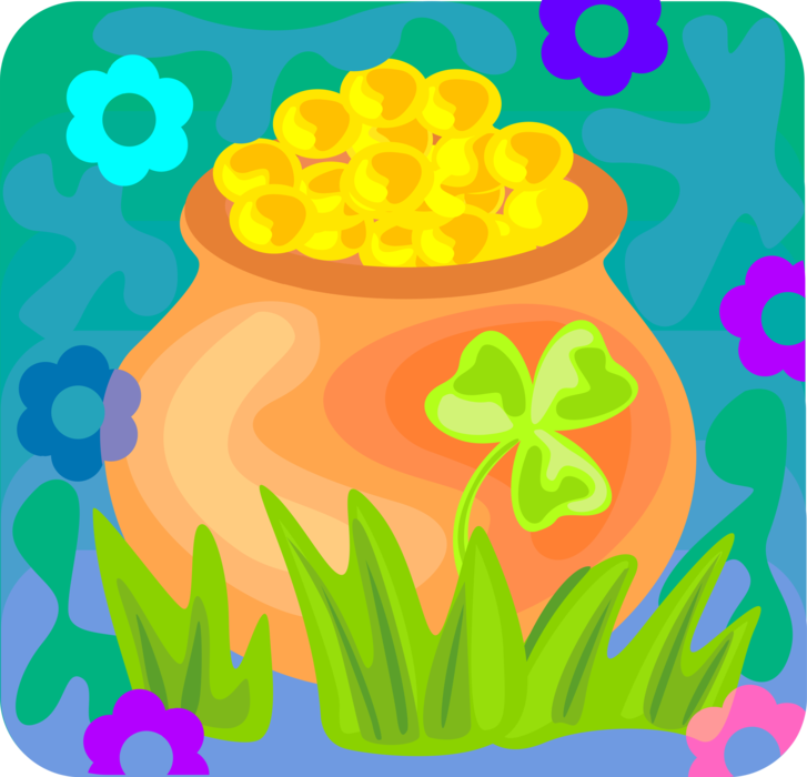 Vector Illustration of St Patrick's Day Irish Mythology Leprechaun's Pot of Gold Wealth and Riches with Four-Leaf Clover Lucky Shamrock