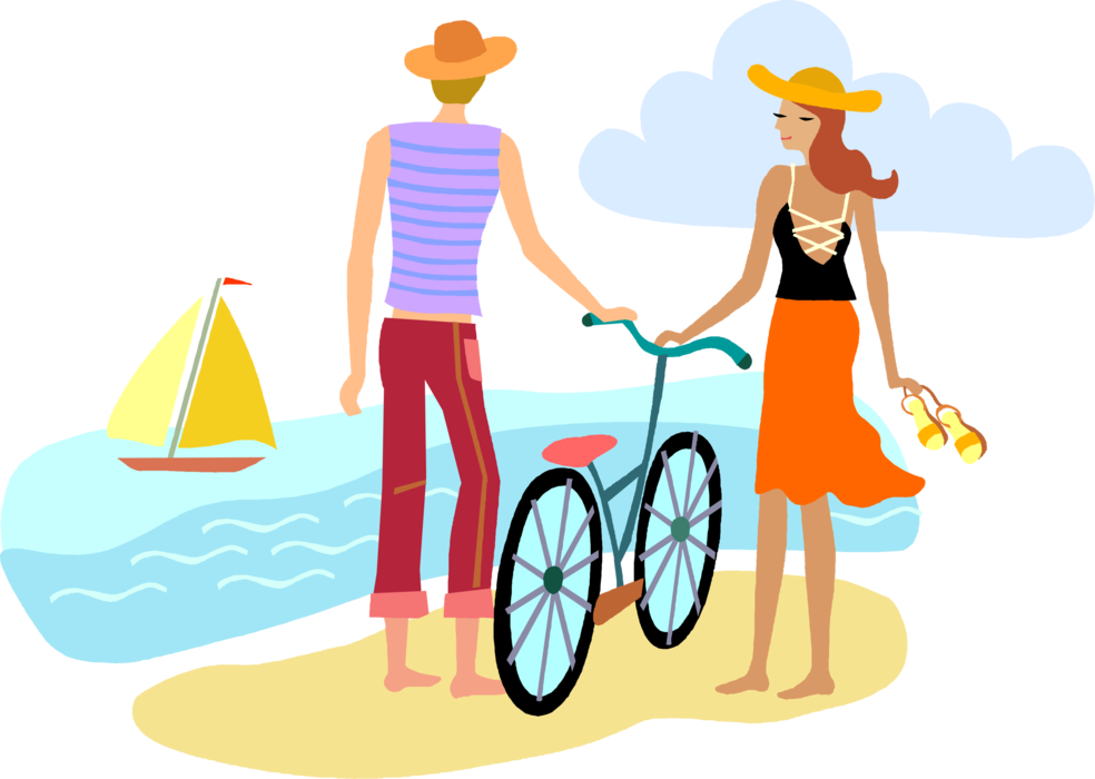 Vector Illustration of Day at the Beach for Romantic Sweetheart Couple with Seashore, Bicycle and Sailboat Sailing on Ocean