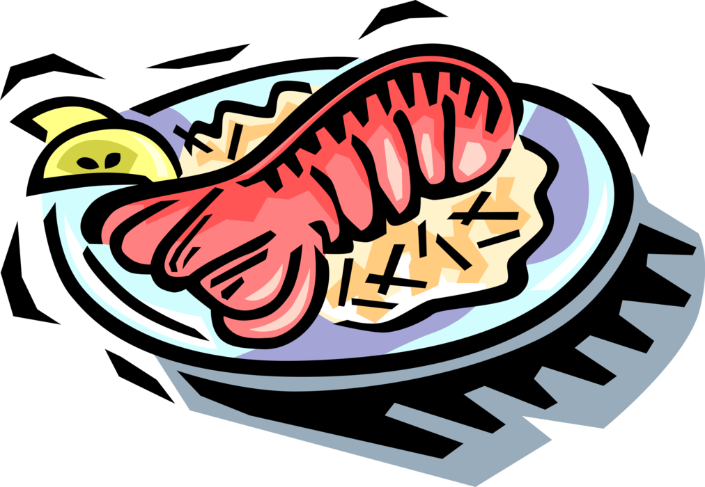 Vector Illustration of Clawed Lobster Shellfish Marine Crustacean Tail Seafood Dinner with Lemon Slice