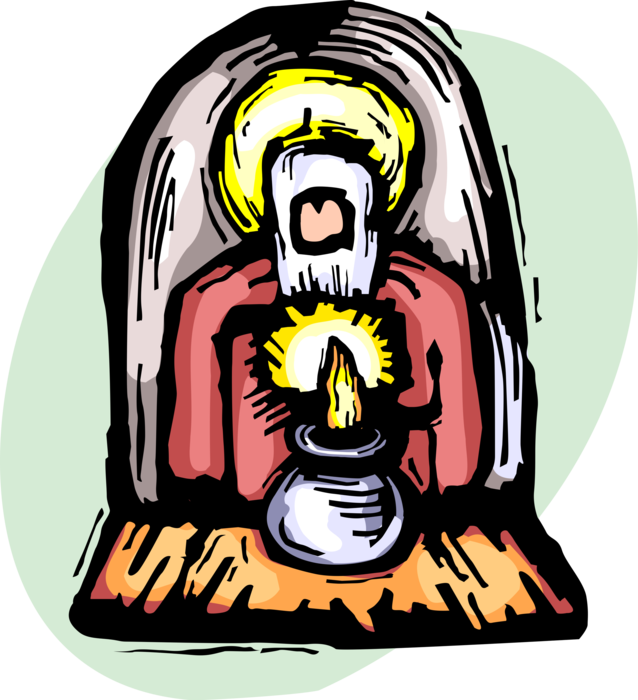 Vector Illustration of Christian Religion Saint Figure with Halo in Prayer with Burning Candle Flame