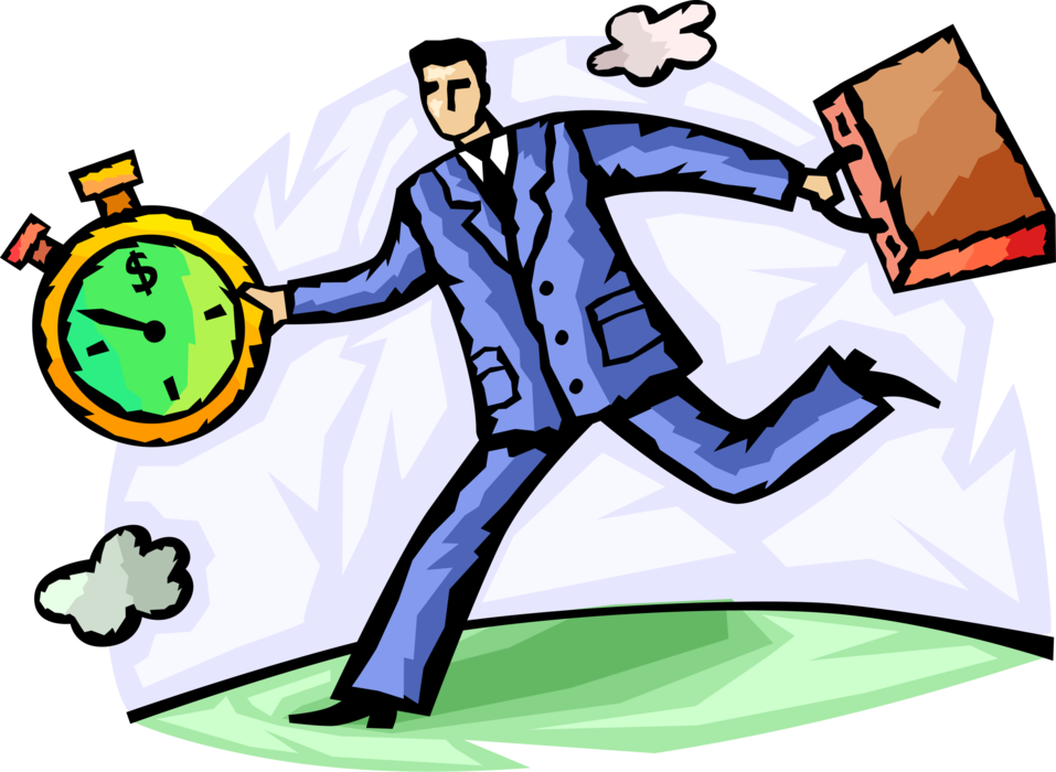 Vector Illustration of Businessman Races to Keep Schedule with Briefcase and Stopwatch Time Piece
