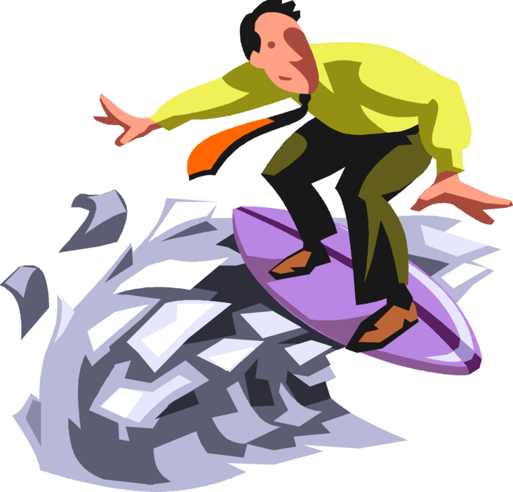 Vector Illustration of Businessman Surfer Rides Surfboard Surfing Wave of Business Correspondence Documents