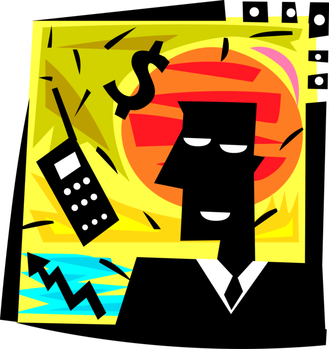 Vector Illustration of Businessman with Mobile Telephone Cell Phone Makes Marketing Sales Calls to Generate Revenue