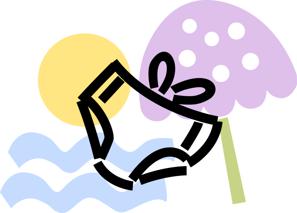 Vector Illustration of Bathing Suit Swimwear with Beach Umbrella Parasol, Ocean Waves and Sunshine Sun