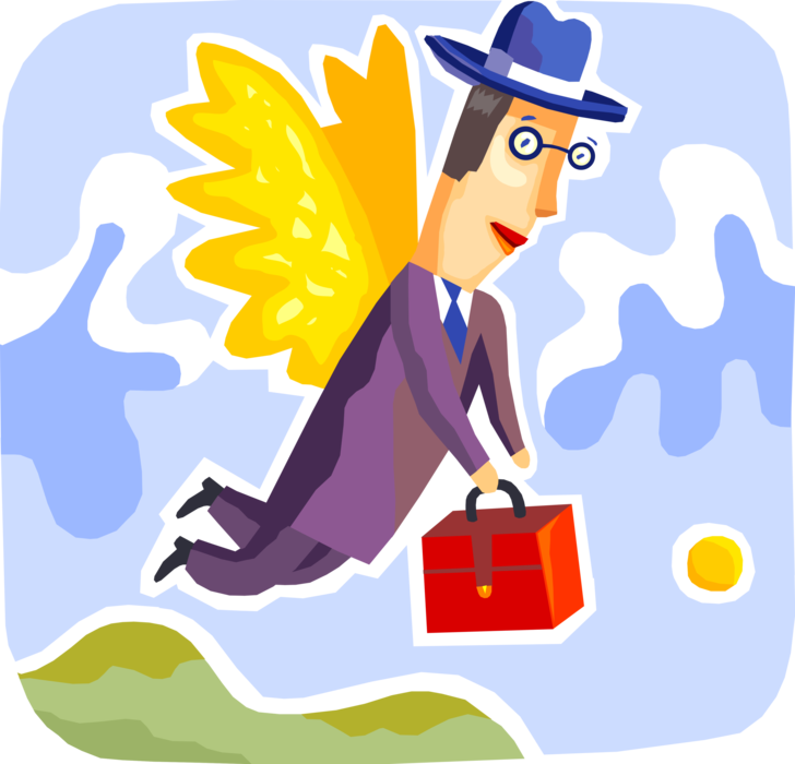 Vector Illustration of Businessman Icarus with Wings of Feathers and Wax Flies with Briefcase Close to Sun