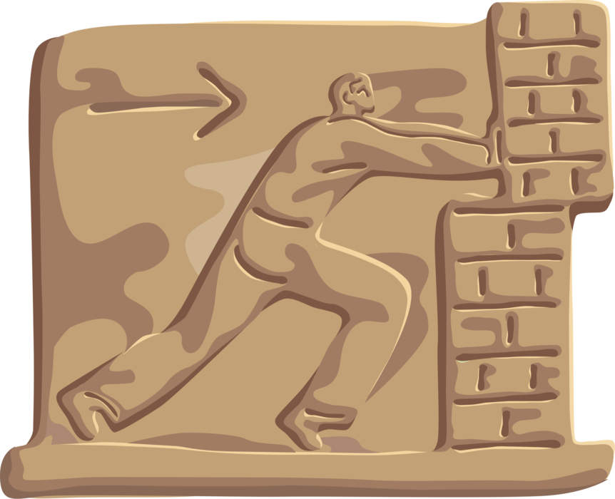 Vector Illustration of Construction Worker with Enormous Strength Knocks Down Brick Masonry Wall
