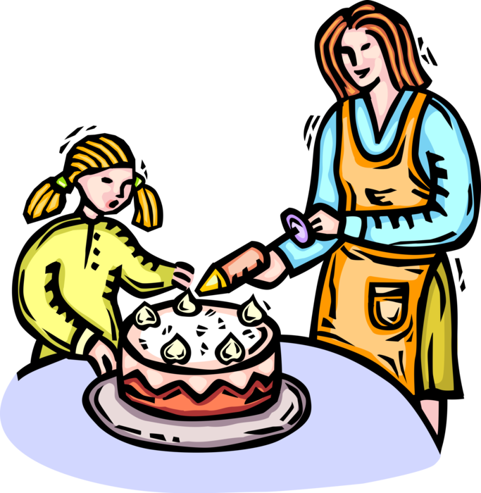 Vector Illustration of Mother and Daughter Decorate Birthday Cake with Icing Frosting
