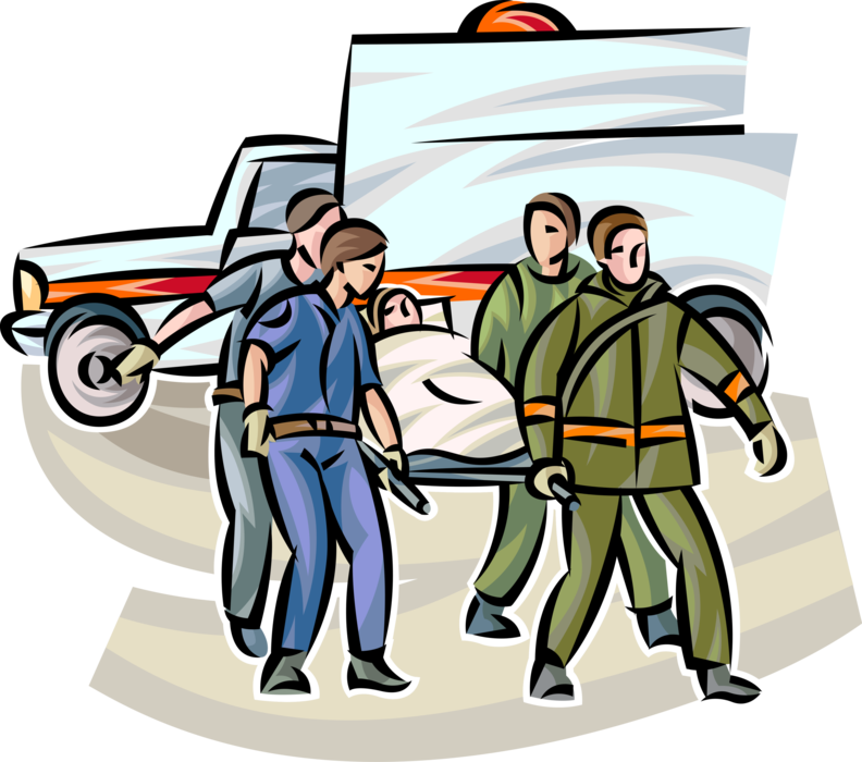 Vector Illustration of Firefighters and Paramedics Load Patient into Emergency Ambulance Vehicle