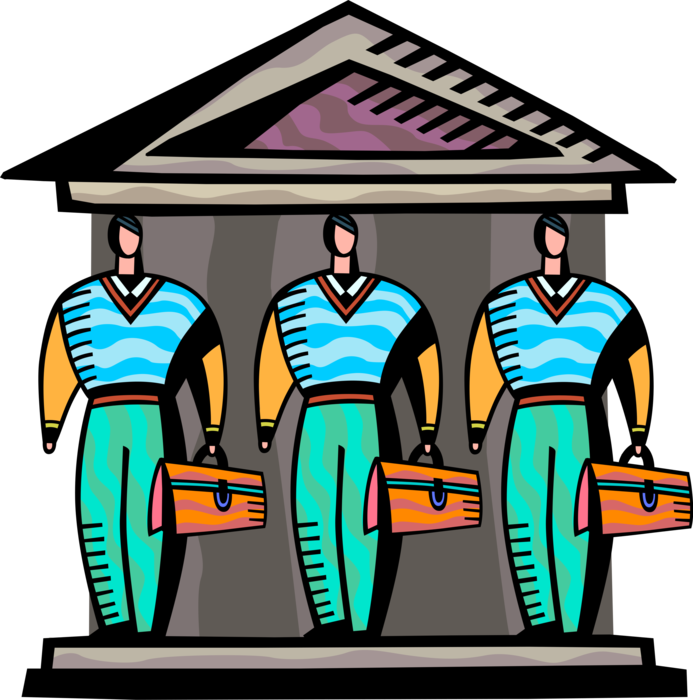 Vector Illustration of Businessmen Financial Investment Analysts as Banking Industry Bank Columns of Support