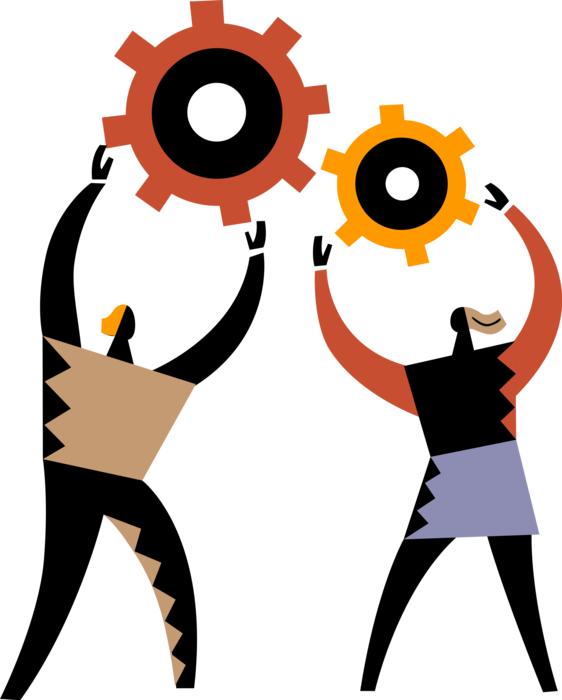 Vector Illustration of Business Colleagues Use Teamwork to Run Cogwheel Gear Mechanism