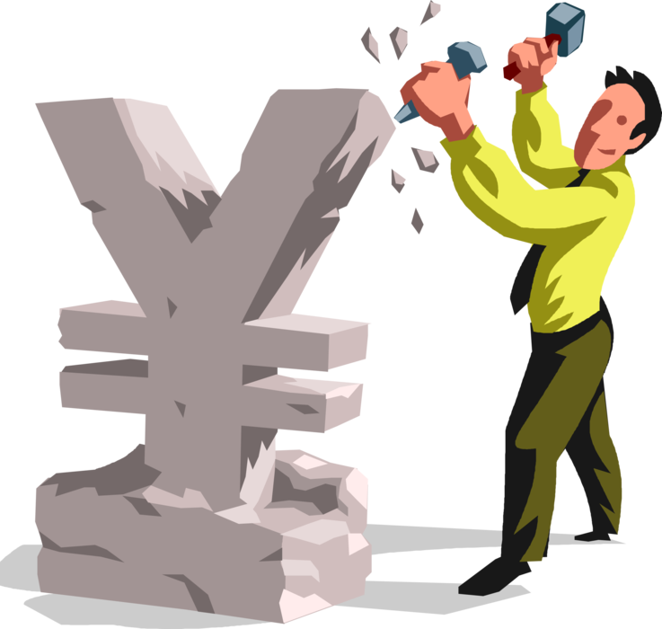 Vector Illustration of Successful Businessman Sculptor with Hammer and Chisel Sculpts Japanese Yen Sign
