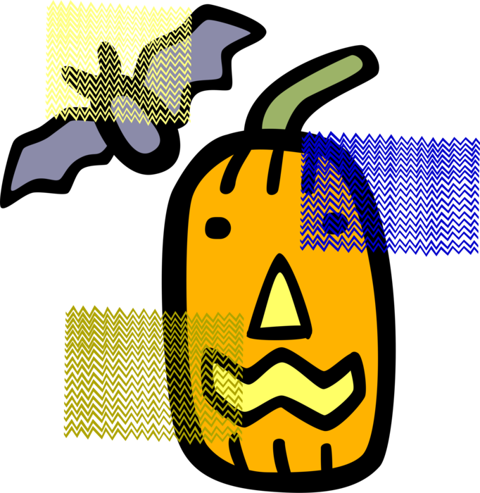 Vector Illustration of Halloween Trick or Treat Jack-o'-Lantern Carved Pumpkin with Vampire Bat