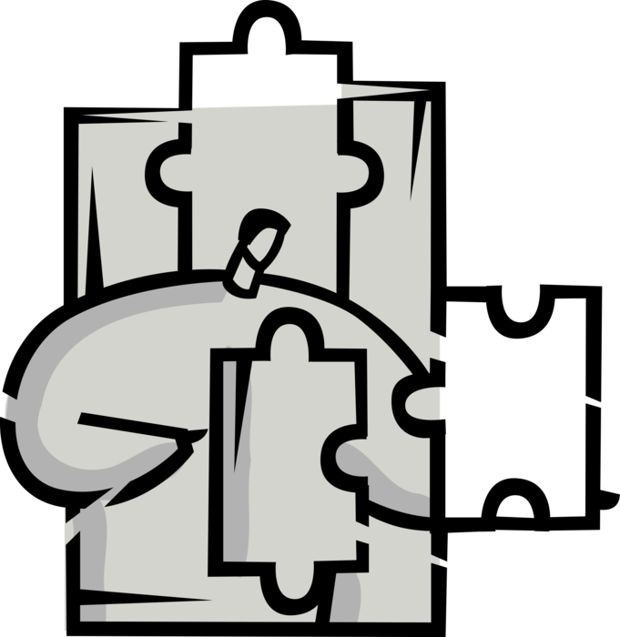Vector Illustration of Businessman Assembles Pieces of Jigsaw Puzzle