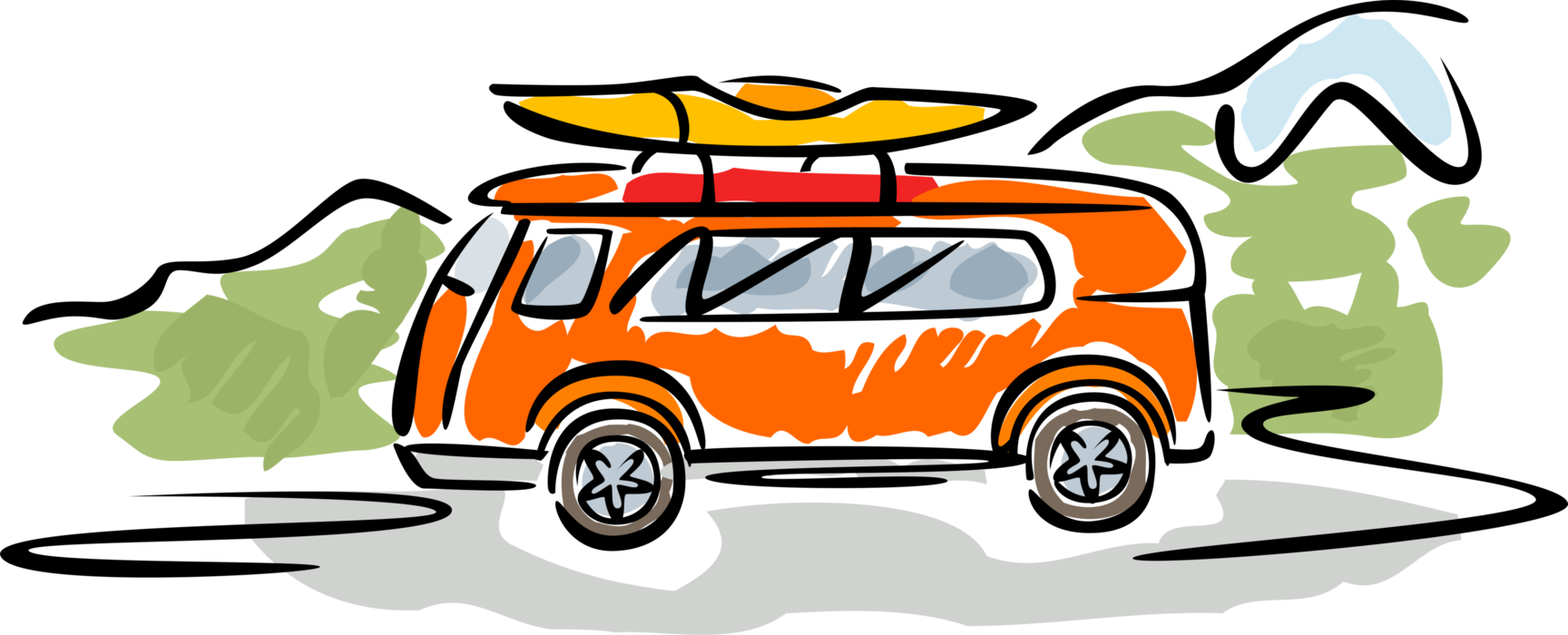 Vector Illustration of Motor Vehicle Van with Kayak Watercraft Boat on Roof Rack