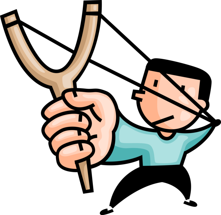 Vector Illustration of Young Boy Fires Slingshot Catapult Hand-Powered Projectile Weapon