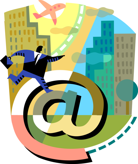 Vector Illustration of Businessman Air Traveler Relies on Email Communications when Traveling Internationally