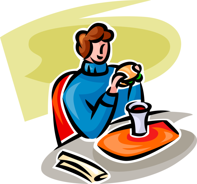 Vector Illustration of Fast Food Customer Eats Hamburger Meal with Soft Drink Soda