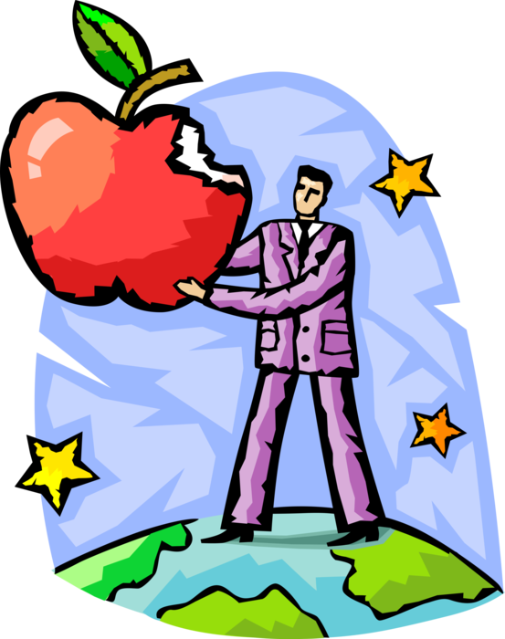 Vector Illustration of Seduced Businessman Enticed to Take Bite Out of Apple Representing Knowledge and Learning