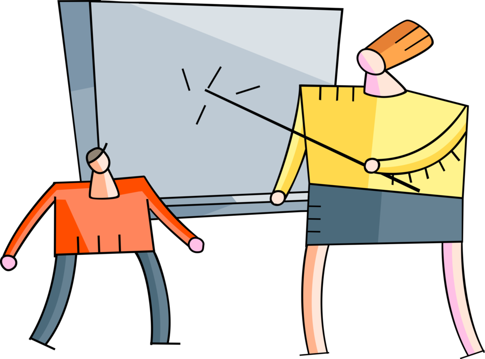 Vector Illustration of Teacher Points to Blackboard Chalkboard with Student in School Classroom