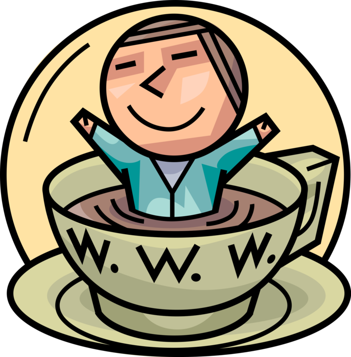 Vector Illustration of Businessman with Morning Cup of Coffee and Accesses Internet World Wide Web