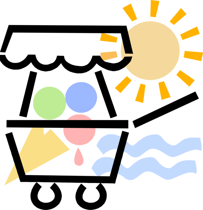 Vector Illustration of Gelato Ice Cream Vendor Cart with Sunshine Sun and Ocean Waves
