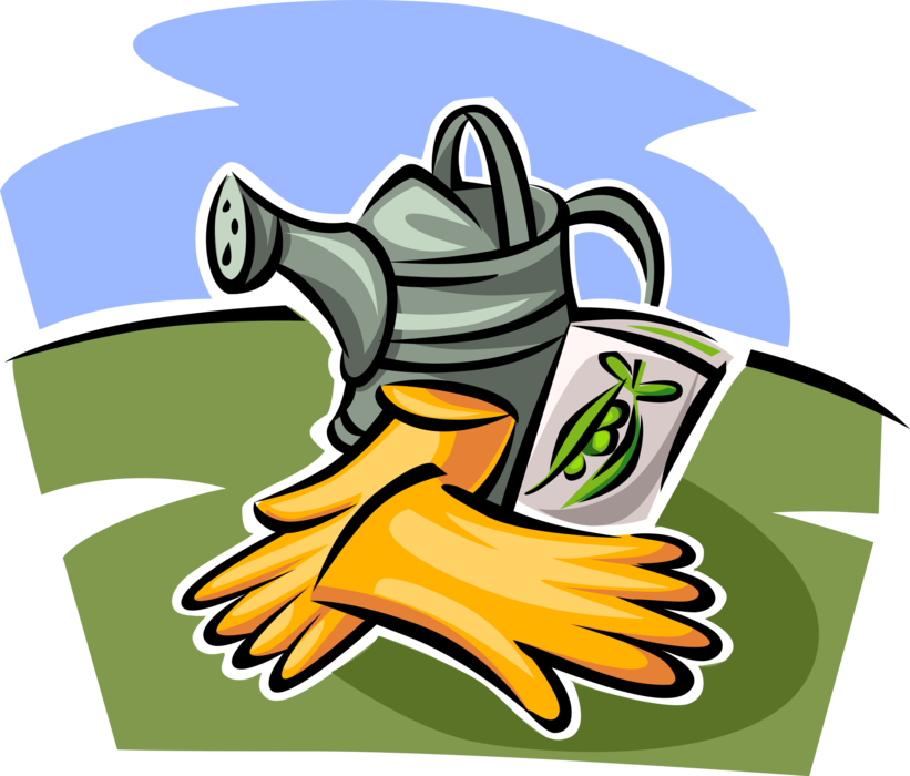 Vector Illustration of Gardening Watering Can and Garden Gloves with Seed Packet