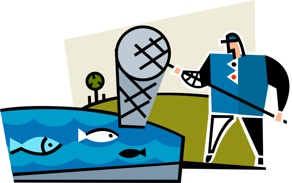 Vector Illustration of Aquaculture or Aquafarming Fish Farming Commercial Fisherman Angler Catches Fish with Net
