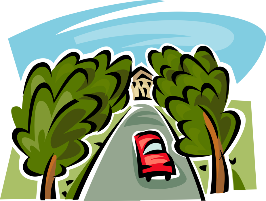 Vector Illustration of Tree-Lined Promenade Driveway Lead to Luxurious Palatial Mansion Large Dwelling House