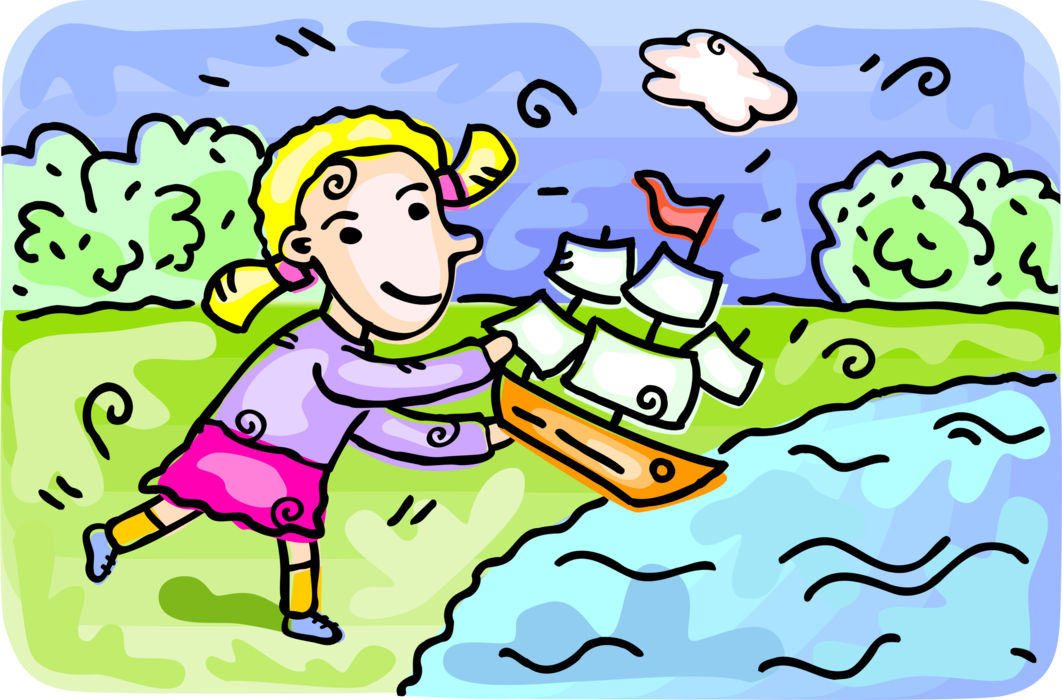 Vector Illustration of Young Girl Plays with Model Toy Boat Sailing Vessel Launched on Water Outdoors in Summer