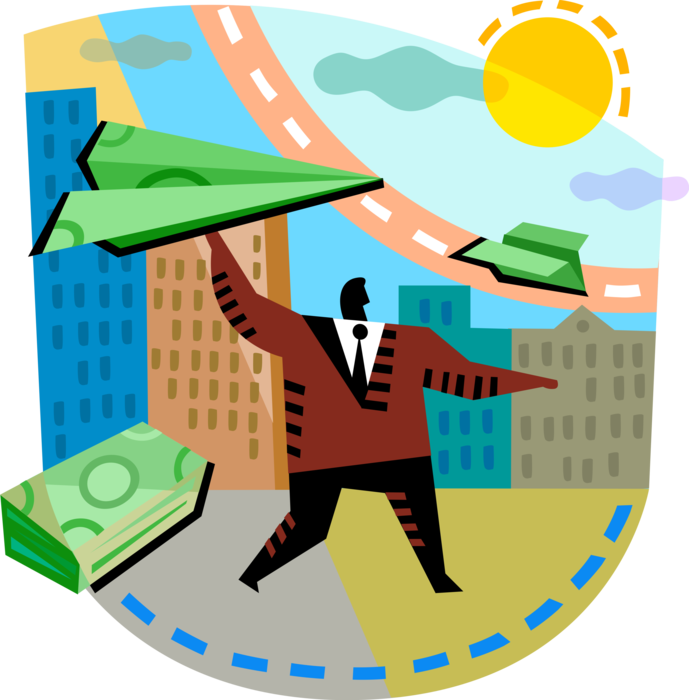 Vector Illustration of Businessman Launches Financial Cash Money Dollar Paper Airplanes on Course for Success
