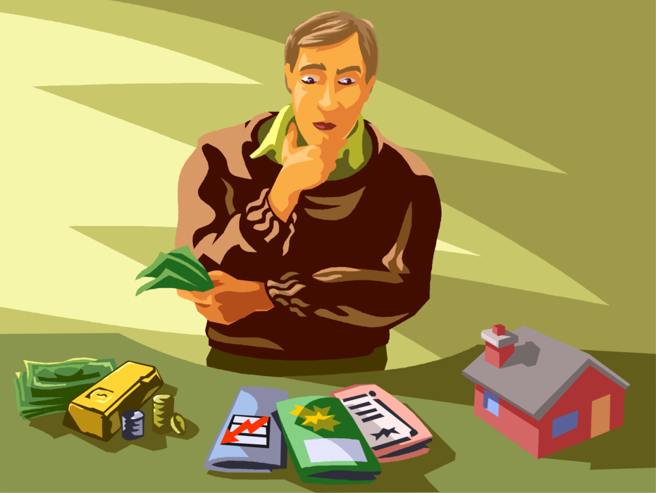 Vector Illustration of Businessman Ponders Home Expenses and Investment Options