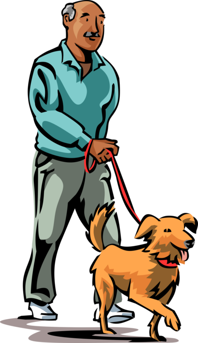 Vector Illustration of Retired Elderly Senior Citizen Gets Physical Exercise Walking Pet Dog on Leash